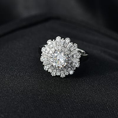 D'Joy Hearts & Arrow Cut Strontium Titanate and Moissanite 2.90 ctw Radiant Sunburst Ring in Rhodium Over Sterling Silver (Size 7.0)