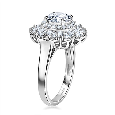 D'Joy Hearts & Arrow Cut Strontium Titanate and Moissanite 2.90 ctw Radiant Sunburst Ring in Rhodium Over Sterling Silver (Size 7.0)