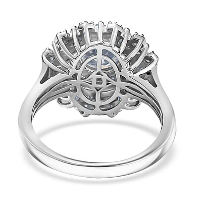 D'Joy Hearts & Arrow Cut Strontium Titanate and Moissanite 2.90 ctw Radiant Sunburst Ring in Rhodium Over Sterling Silver (Size 8.0)
