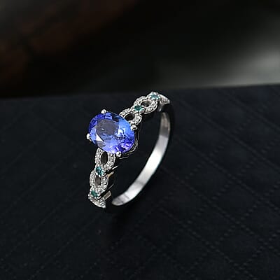 D'Joy Premium Tanzanite, Paraiba Tourmaline and Diamond 1.50 ctw Royal Infinity Ring in Rhodium Over Sterling Silver (Size 10.0)