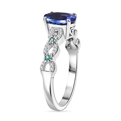 D'Joy Premium Tanzanite, Paraiba Tourmaline and Diamond 1.50 ctw Royal Infinity Ring in Rhodium Over Sterling Silver (Size 10.0)