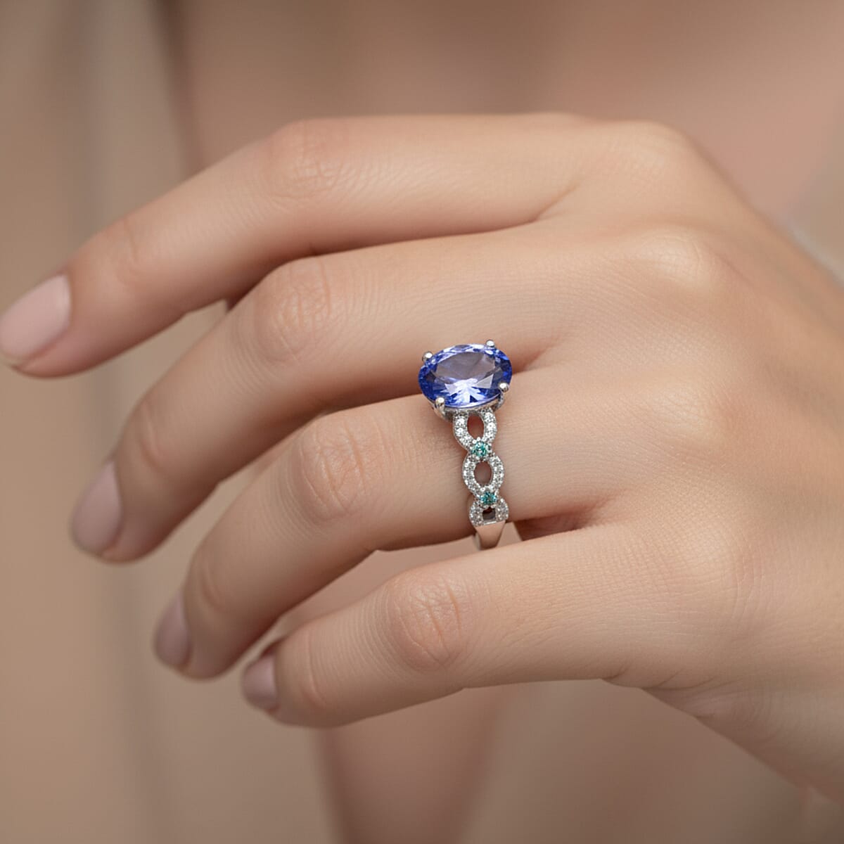 Doorbuster D'Joy Premium Tanzanite, Paraiba Tourmaline and Diamond 1.50 ctw Royal Infinity Ring in Rhodium Over Sterling Silver (Size 7.0) image number 2