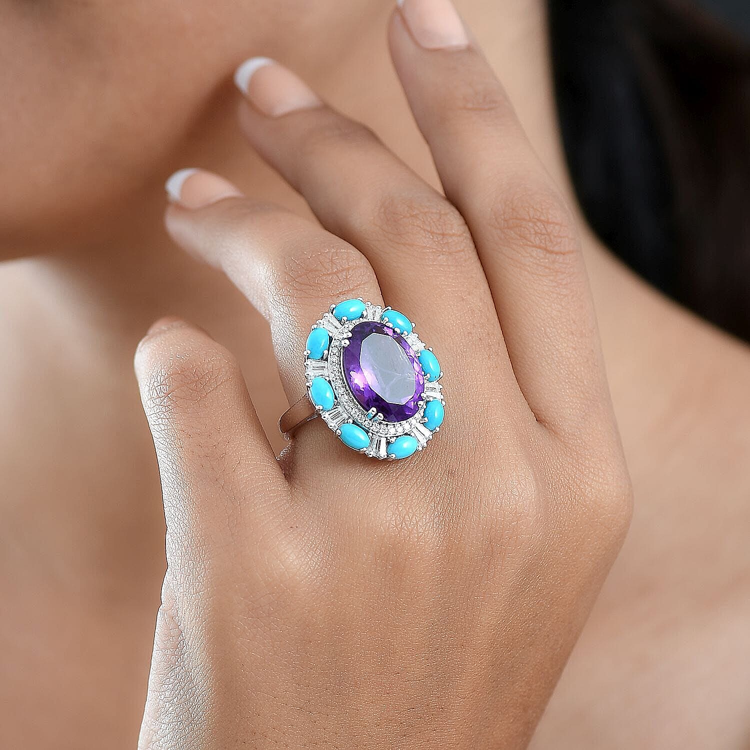 Doorbuster D'Joy African Amethyst, Multi Gemsotne Ring in Rhodium Over Sterling Silver (Size 10.0) 11.70 ctw