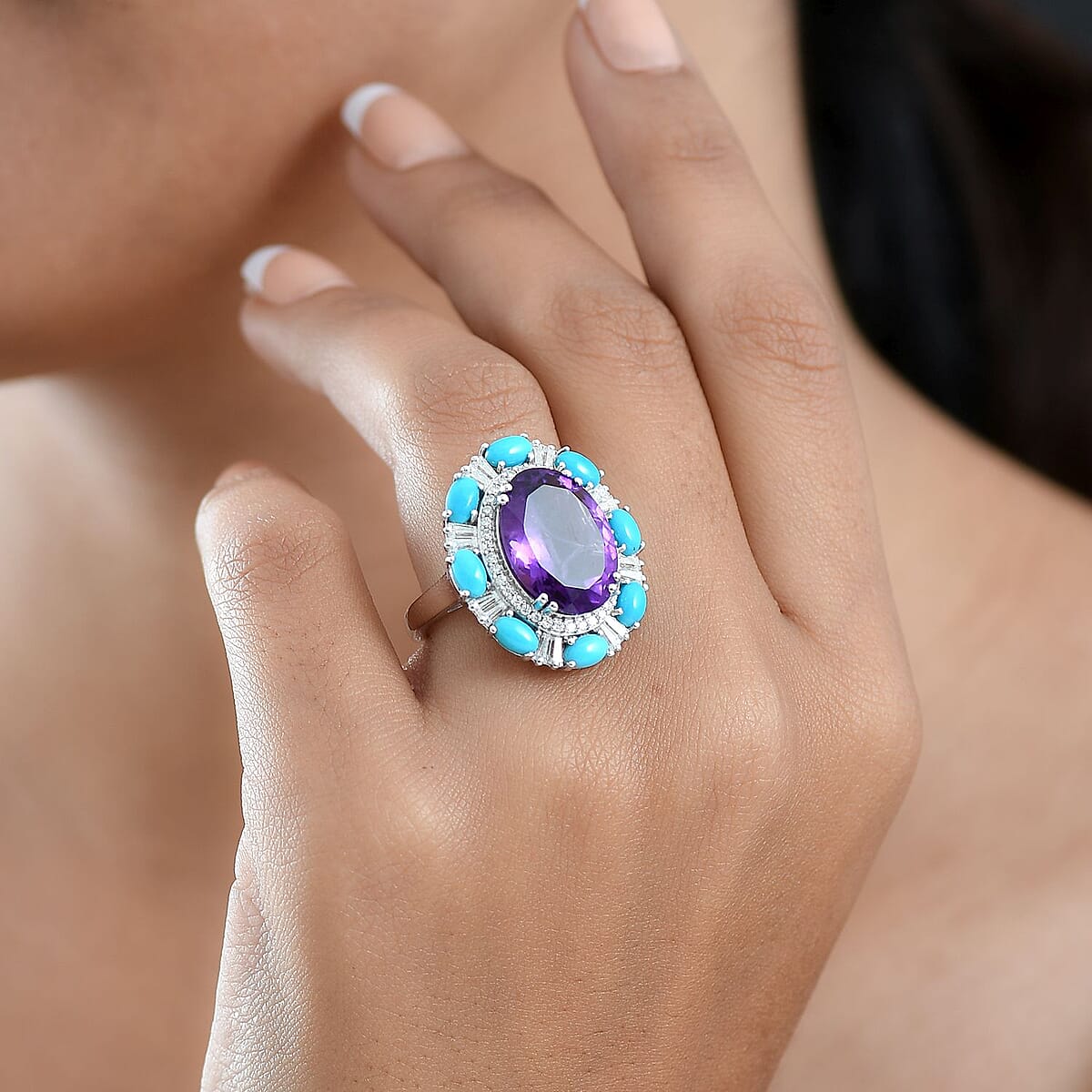 Doorbuster D'Joy African Amethyst and Multi Gemstone 11.70 ctw Sky Night Ring in Rhodium Over Sterling Silver (Size 7.0) image number 2