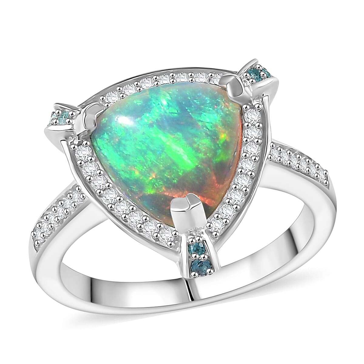 Doorbuster D'Joy Premium Ethiopian Welo Opal, Paraiba Tourmaline and Diamond 2.50 ctw Celestial Trinity Halo Ring in Rhodium Over Sterling Silver (Size 10.0) image number 0