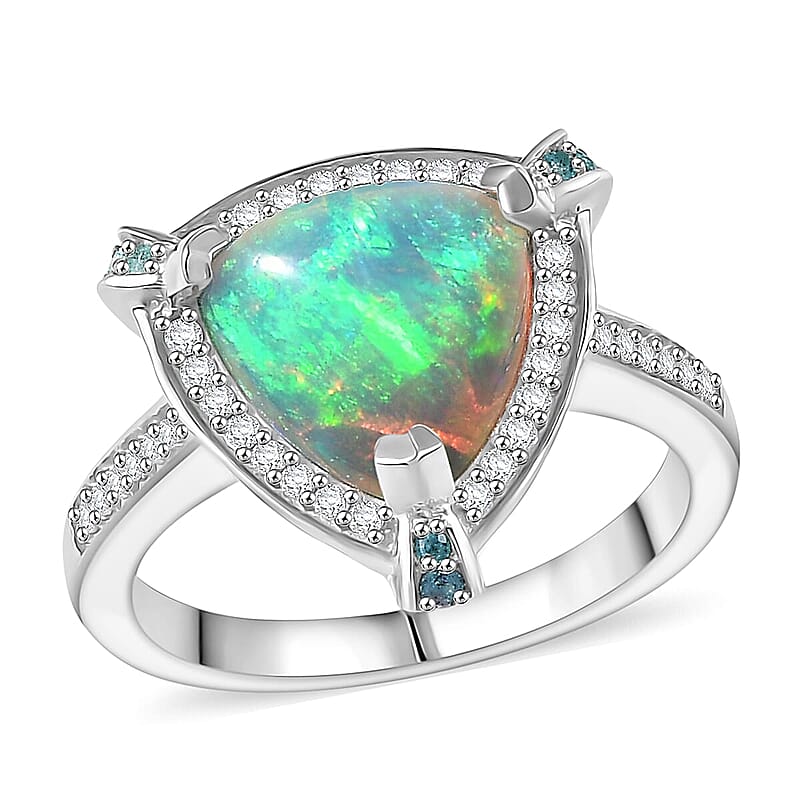 D'Joy Ethiopian Welo Opal, Paraiba Tourmaline, Diamond Halo Ring in Rhodium Over Sterling Silver 2.50 ctw (Size 10.0)