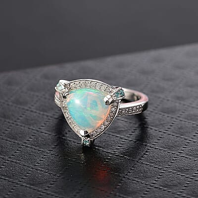 D'Joy Ethiopian Welo Opal, Paraiba Tourmaline, Diamond Halo Ring in Rhodium Over Sterling Silver 2.50 ctw (Size 10.0)