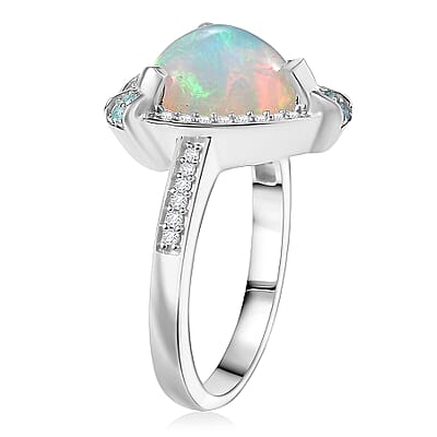 D'Joy Ethiopian Welo Opal, Paraiba Tourmaline, Diamond Halo Ring in Rhodium Over Sterling Silver 2.50 ctw (Size 10.0)