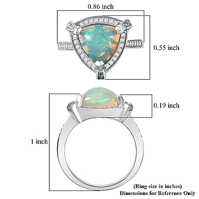 D'Joy Ethiopian Welo Opal, Paraiba Tourmaline, Diamond Halo Ring in Rhodium Over Sterling Silver 2.50 ctw (Size 10.0)