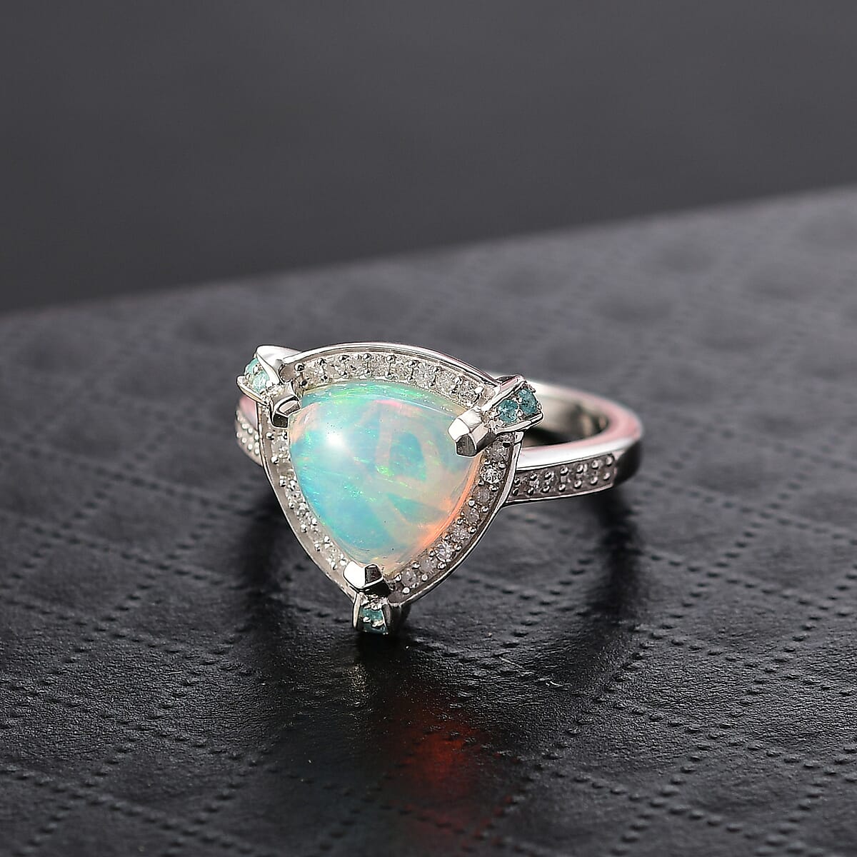 D'Joy Premium Ethiopian Welo Opal, Paraiba Tourmaline and Diamond (0.22 cts) Ring in Rhodium Over Sterling Silver (Size 10.0) 2.50 ctw image number 1