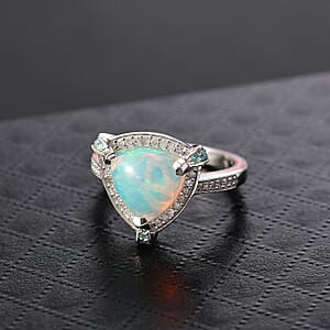 D'Joy Ethiopian Welo Opal, Paraiba Tourmaline, Diamond Halo Ring in Rhodium Over Sterling Silver 2.50 ctw (Size 7.0)