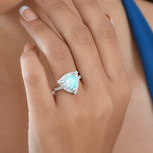 D'Joy Ethiopian Welo Opal, Paraiba Tourmaline, Diamond Halo Ring in Rhodium Over Sterling Silver 2.50 ctw (Size 7.0)