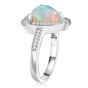 D'Joy Ethiopian Welo Opal, Paraiba Tourmaline, Diamond Halo Ring in Rhodium Over Sterling Silver 2.50 ctw (Size 7.0)