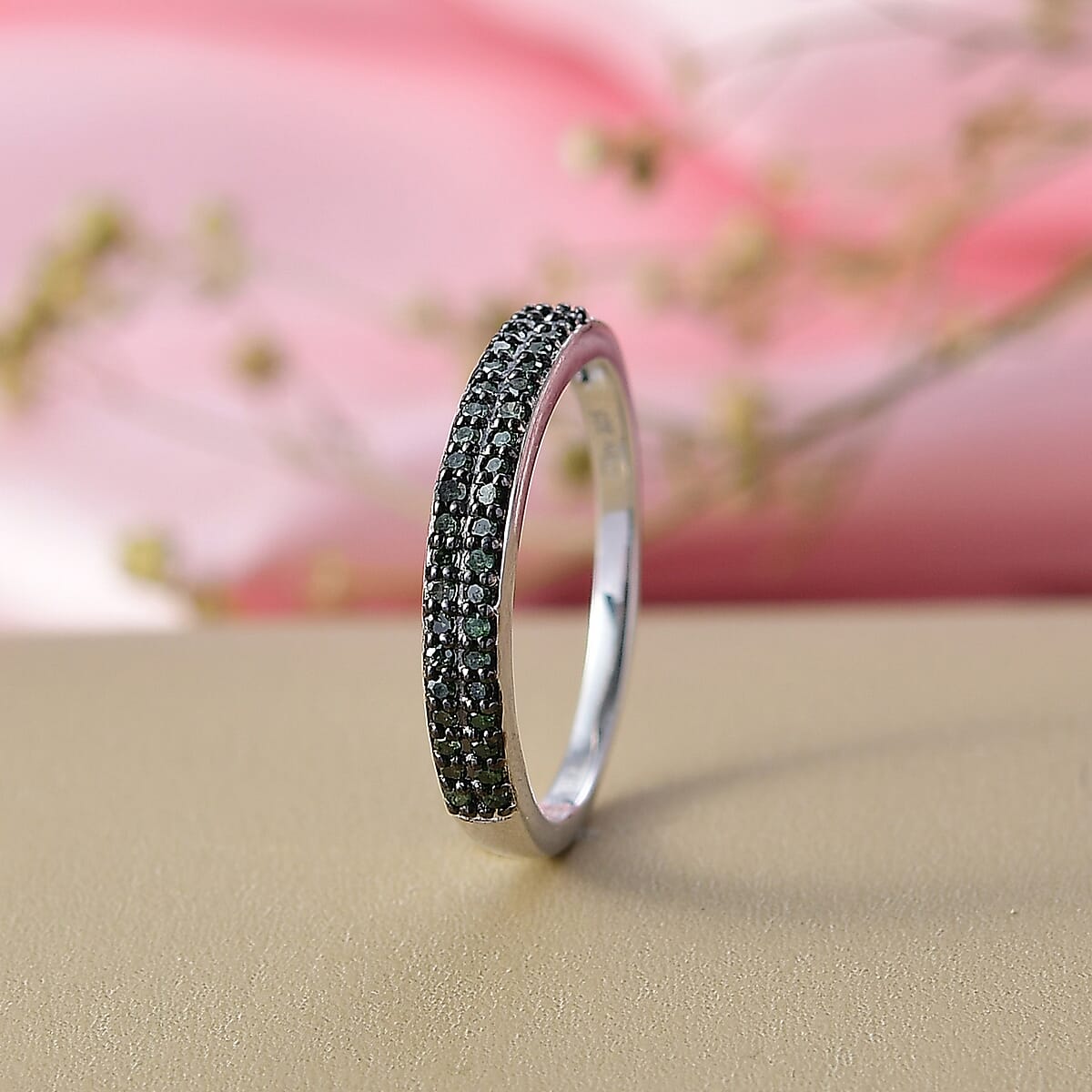  D'Joy Green Diamond 0.25 ctw Double Row Band Ring in Rhodium Over Sterling Silver (Size 5.0) image number 1