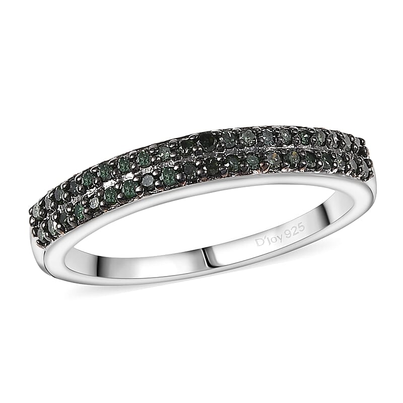 D'Joy Green Diamond 0.25 ctw Double Row Band Ring in Rhodium Over Sterling Silver (Size 6.0)
