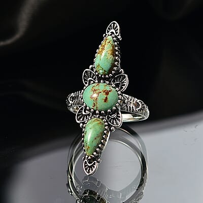 D'Joy Artisan Crafted Royston Turquoise Ring in Black Oxidised Sterling Silver 4.40 ctw (Size 10.0)