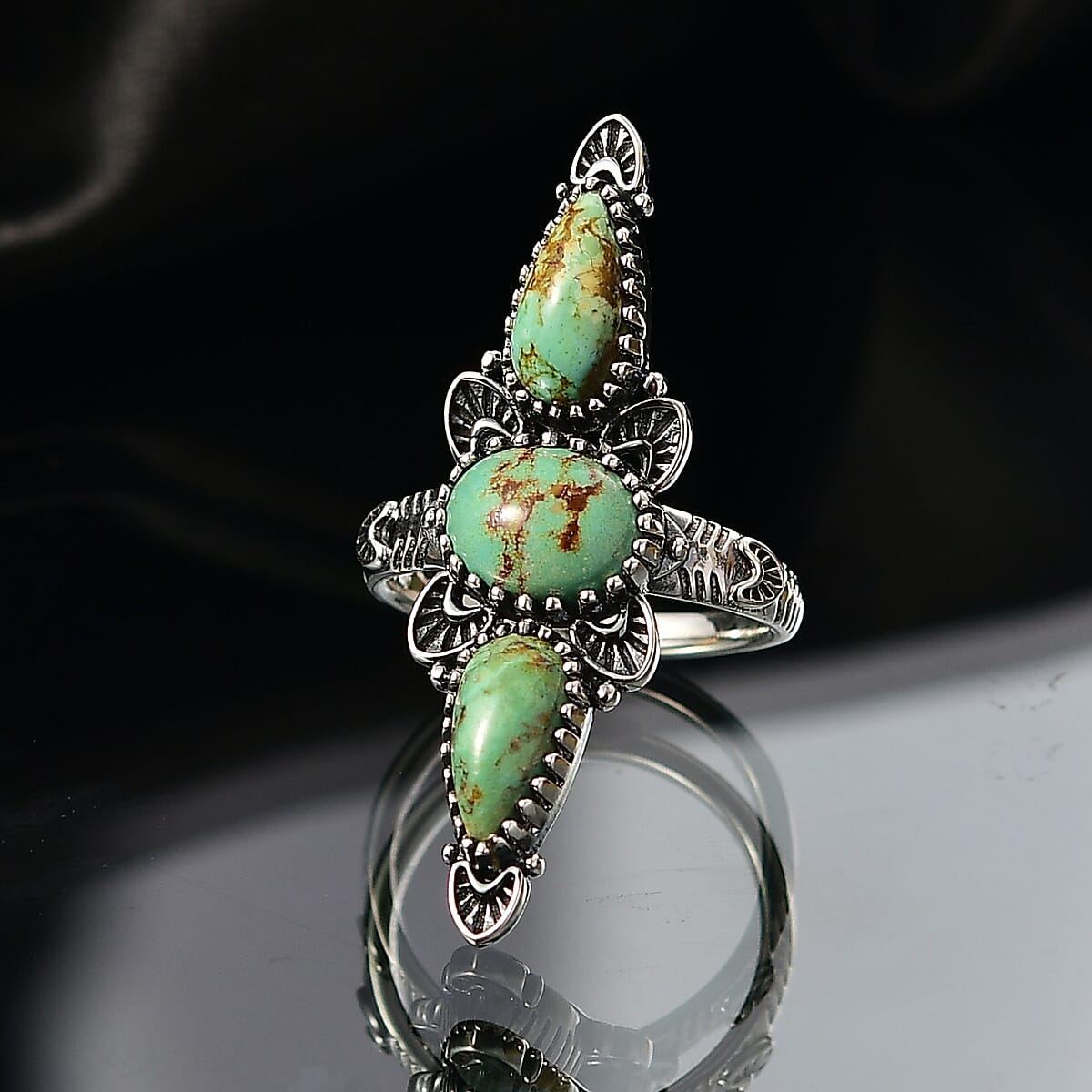 D'Joy Artisan Crafted Premium Royston Turquoise 4.40 ctw Ring in Black Oxidised Sterling Silver (Size 6.0) image number 1