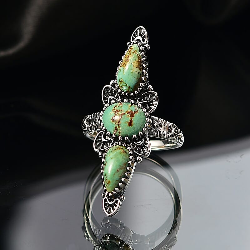 D'Joy Artisan Crafted Royston Turquoise Ring in Black Oxidised Sterling Silver 4.40 ctw (Size 9.0)