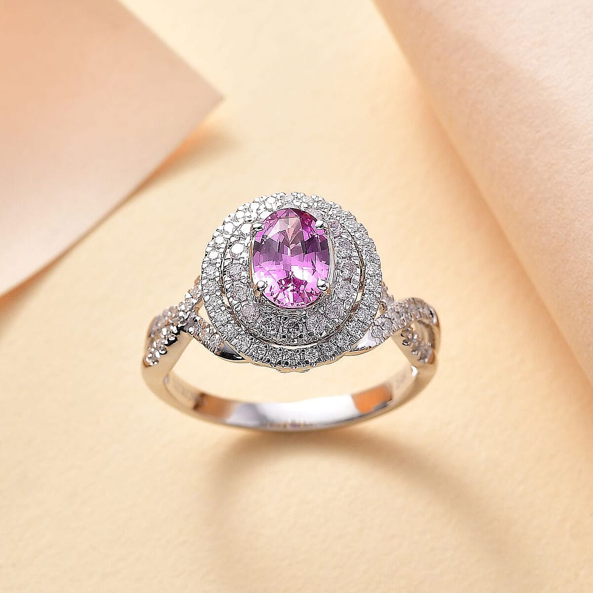 Luxoro 14K W Gold  AAA   Pink Sapphire ,  Pink Diamond ,  White Diamond  I2 Main Stone With Side Stone Ring ,  Gold Wt. 4.63 g 1.79 ctw image number 1