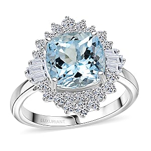 Doorbuster AAA Mangoro Aquamarine and Luxuriant Diamond G-H SI 3.27 ctw Ballerina Ring in 10K White Gold (Size 6.0)