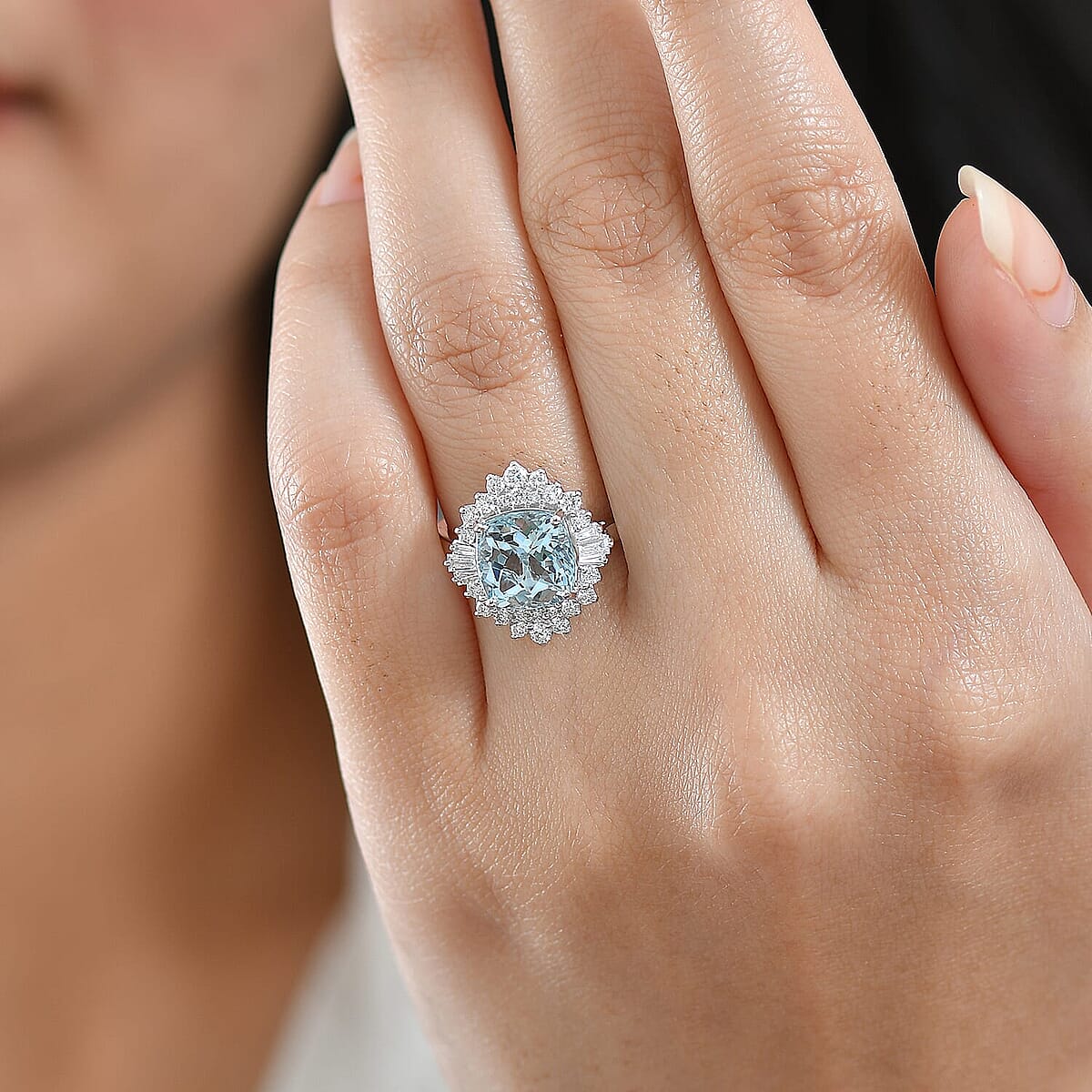 Certified AAA Mangoro Aquamarine, Diamond Ballerina Ring in 10K White Gold 3.27 ctw (Size  6.5) image number 2