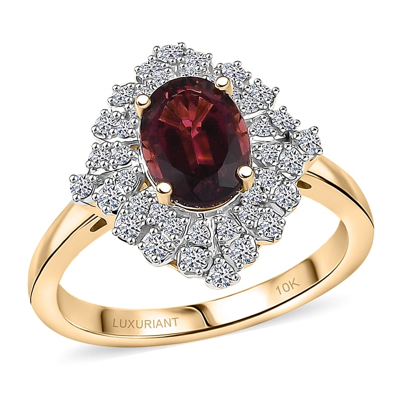 Certified & Appraised AAA Ouro Fino Rubellite and Luxuriant Diamond G-H SI 1.65 ctw Floral Ring in 10K Yellow Gold (Size 10.0)