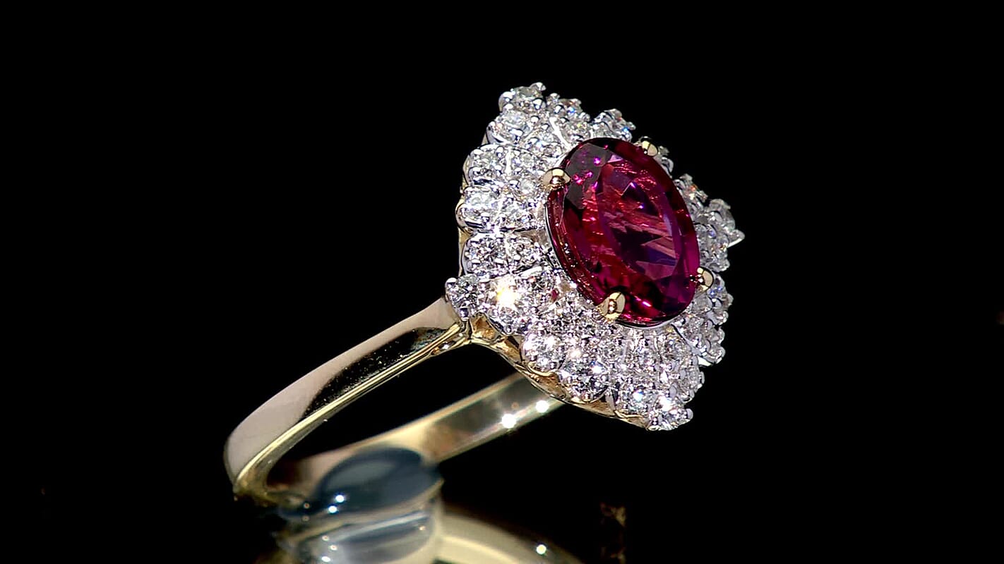Doorbuster Certified & Appraised 10K Yellow Gold AAA Ouro Fino Rubellite, Luxuriant Diamond (G-H, SI) (0.36 cts) Floral Ring (Size 10.0) 1.66 ctw