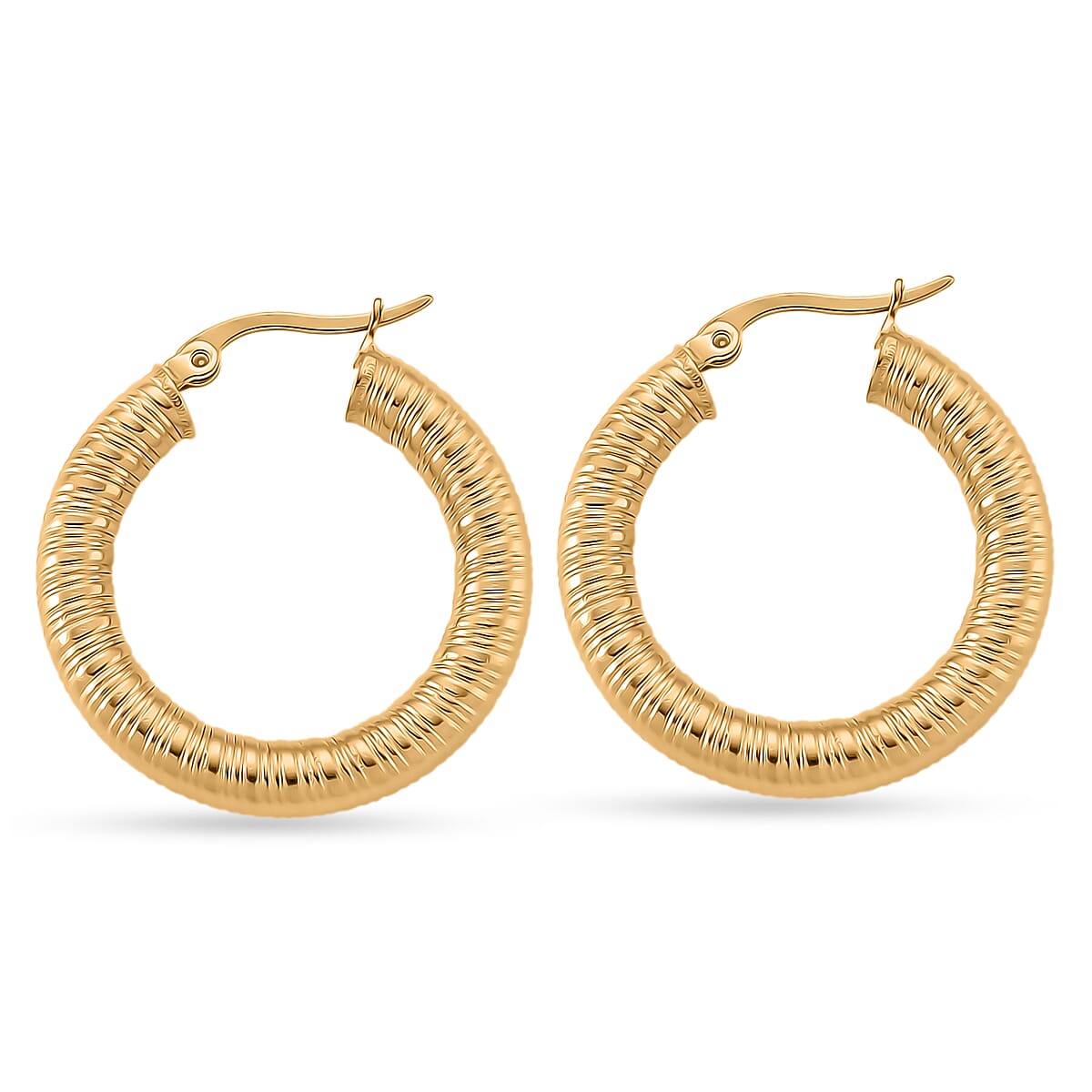 Classic Textured Hoop Earrings in ION Plated YG Stainless Steel image number 3