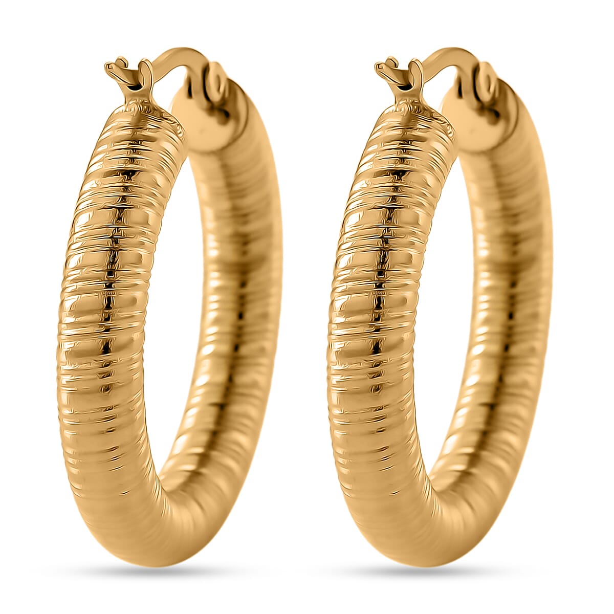 Classic Textured Hoop Earrings in ION Plated YG Stainless Steel image number 4