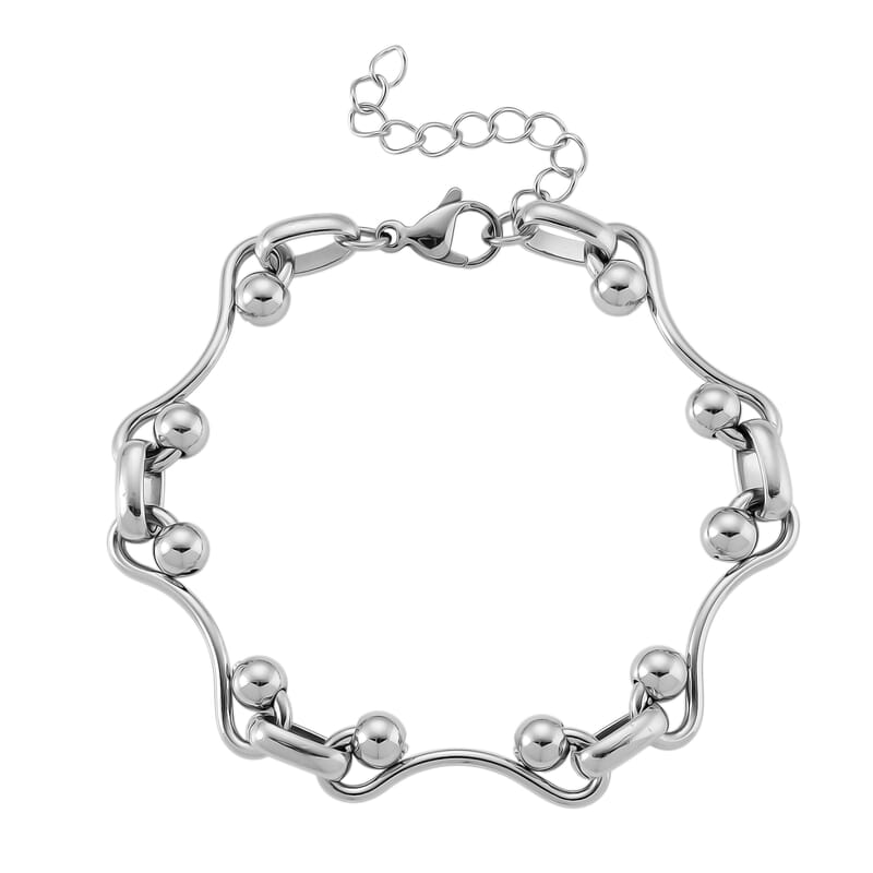 Wave Bead Link Chain Bracelet in Stainless Steel (7.50-9.0In)