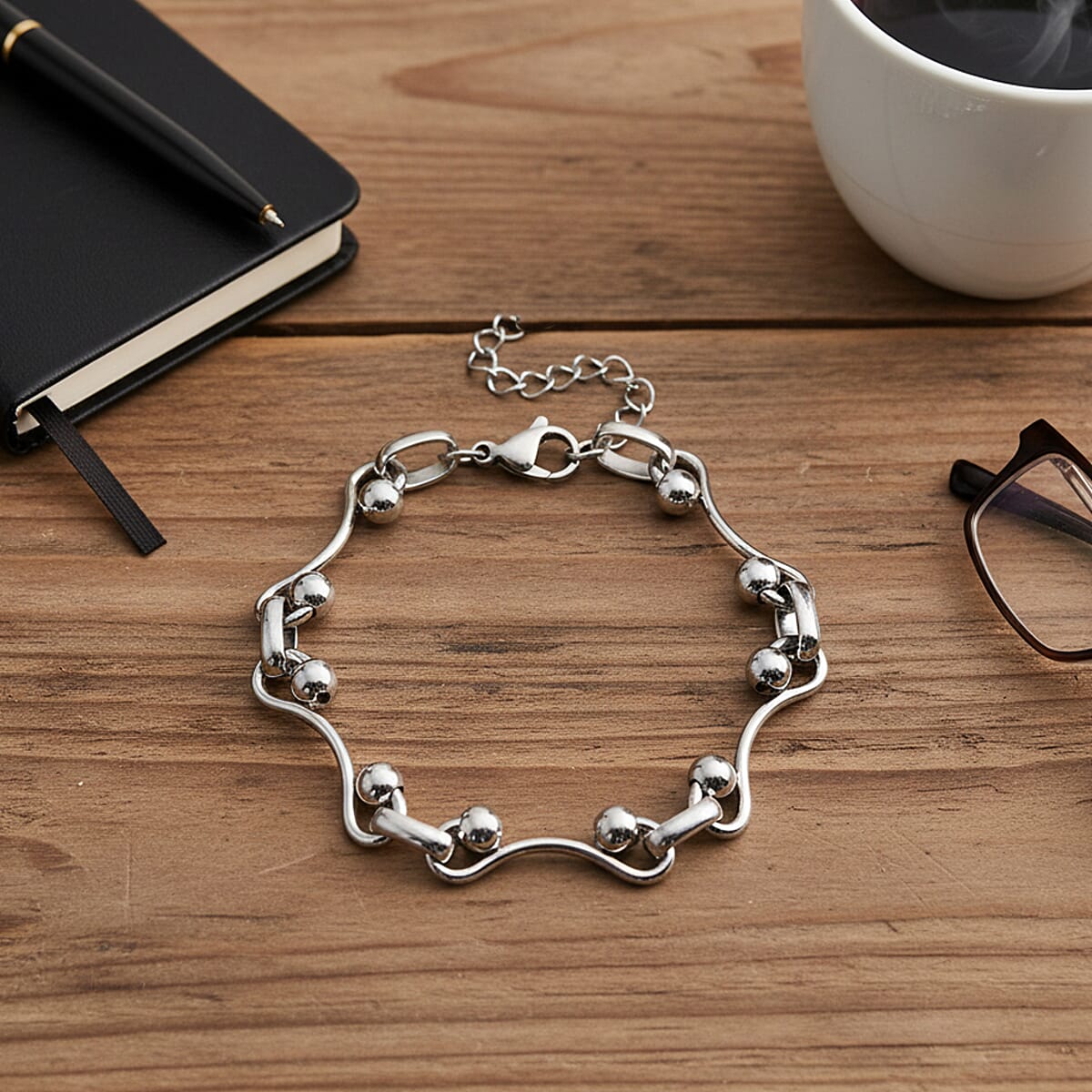 Wave Bead Link Chain Bracelet in Stainless Steel (7.50-9.0In) image number 1
