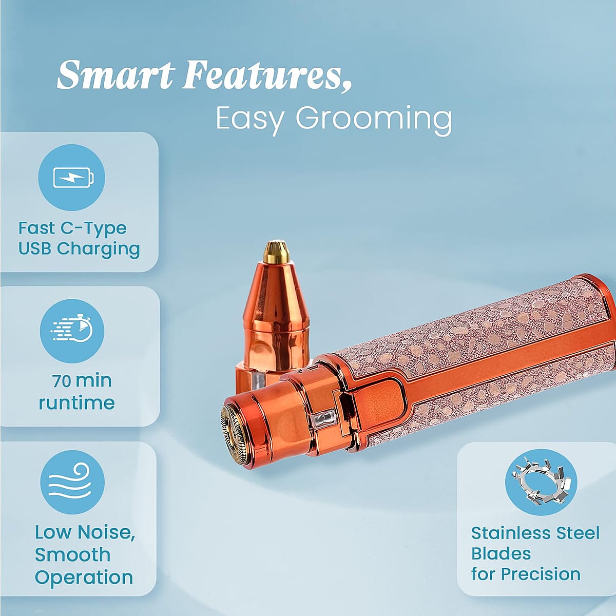 Livmore Beautech 2-in-1 Rechargeable Waterproof Lady Shaver with 2 Replaceable Heads and LED Light -Champange image number 4