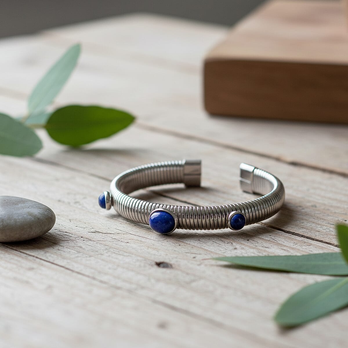 Lapis Lazuli 1.80 ctw Cuff Bangle Bracelet in Stainless Steel (7-7.5In) image number 1