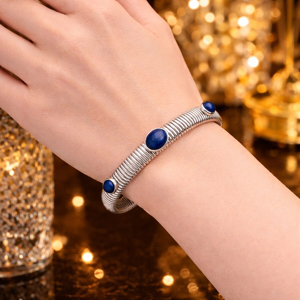 Lapis Lazuli 1.80 ctw Cuff Bangle Bracelet in Stainless Steel (7-7.5In) image number 2