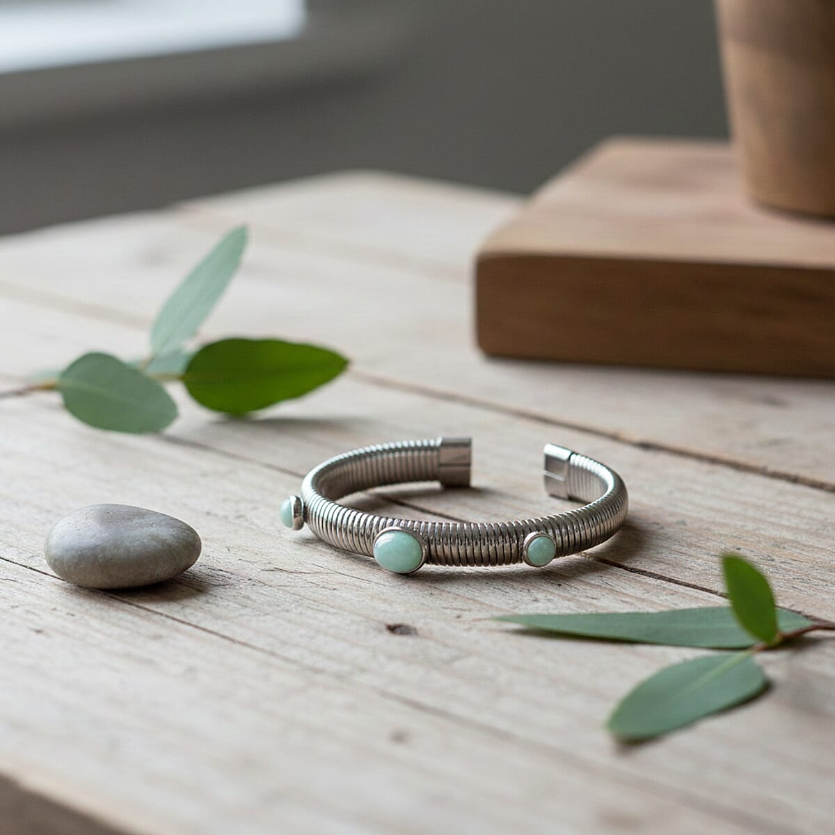 Amazonite 1.80 ctw Cuff Bangle Bracelet in Stainless Steel (7-7.5In) image number 1