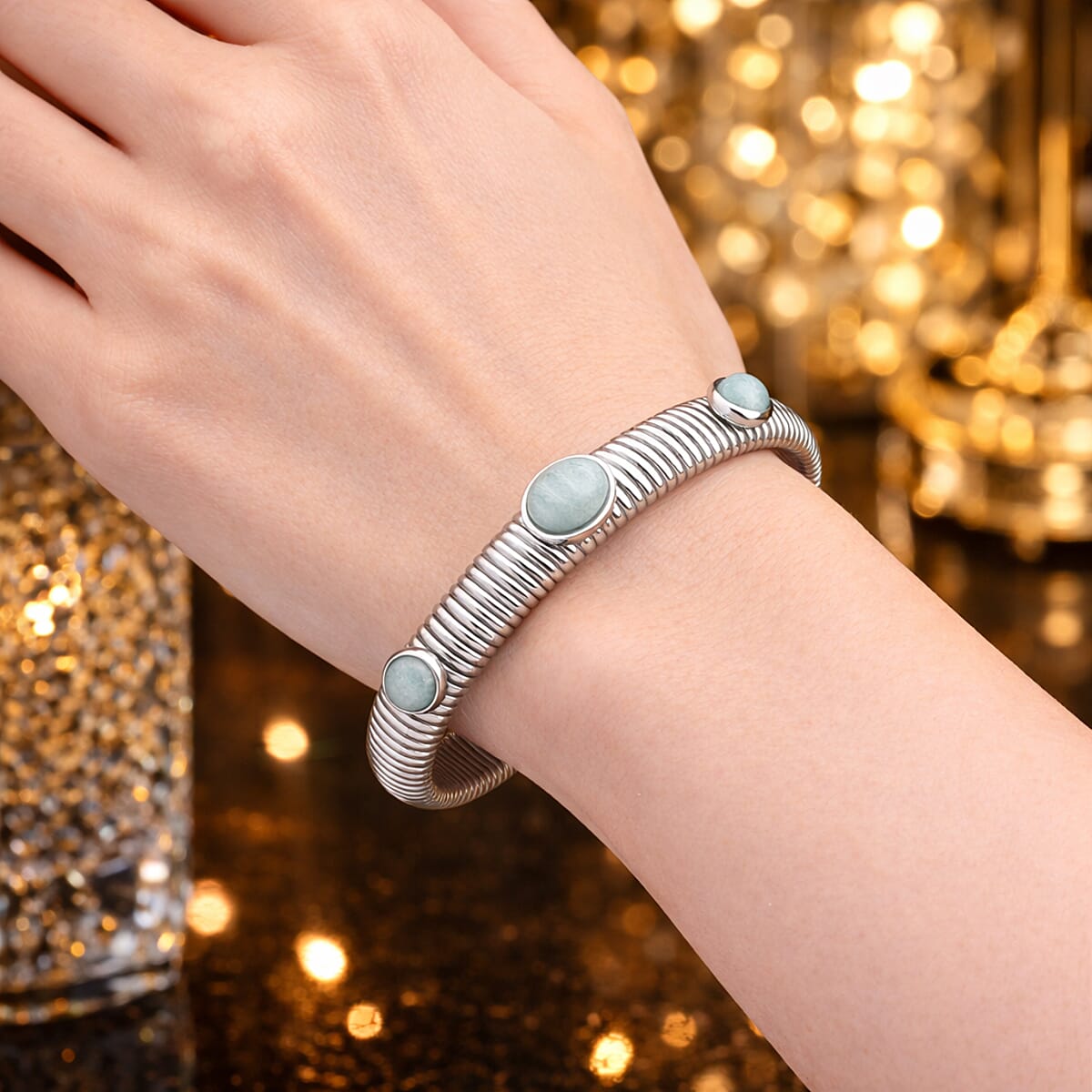 Amazonite 1.80 ctw Cuff Bangle Bracelet in Stainless Steel (7-7.5In) image number 2