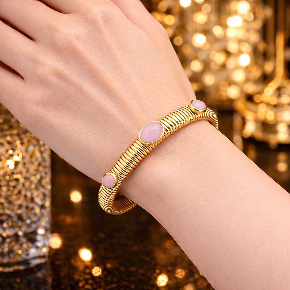 Rose Quartz 1.80 ctw Cuff Bangle Bracelet in ION Plated YG Stainless Steel (7-7.5In) image number 2