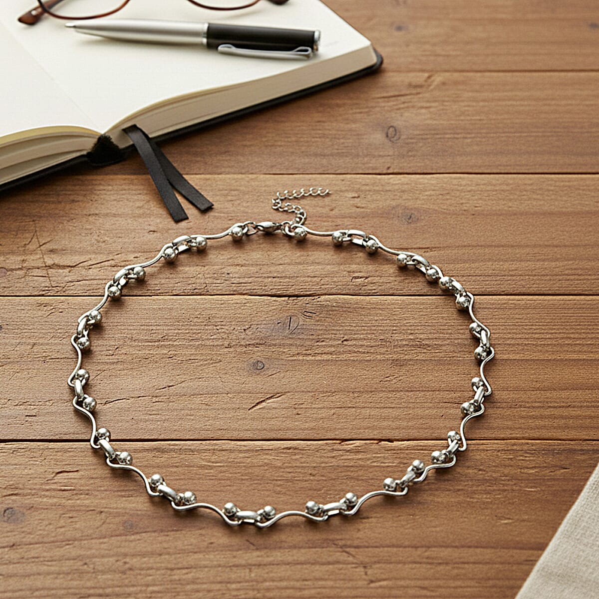 Wave Bead Link Chain Necklace in Stainless Steel 20-22 Inches image number 1