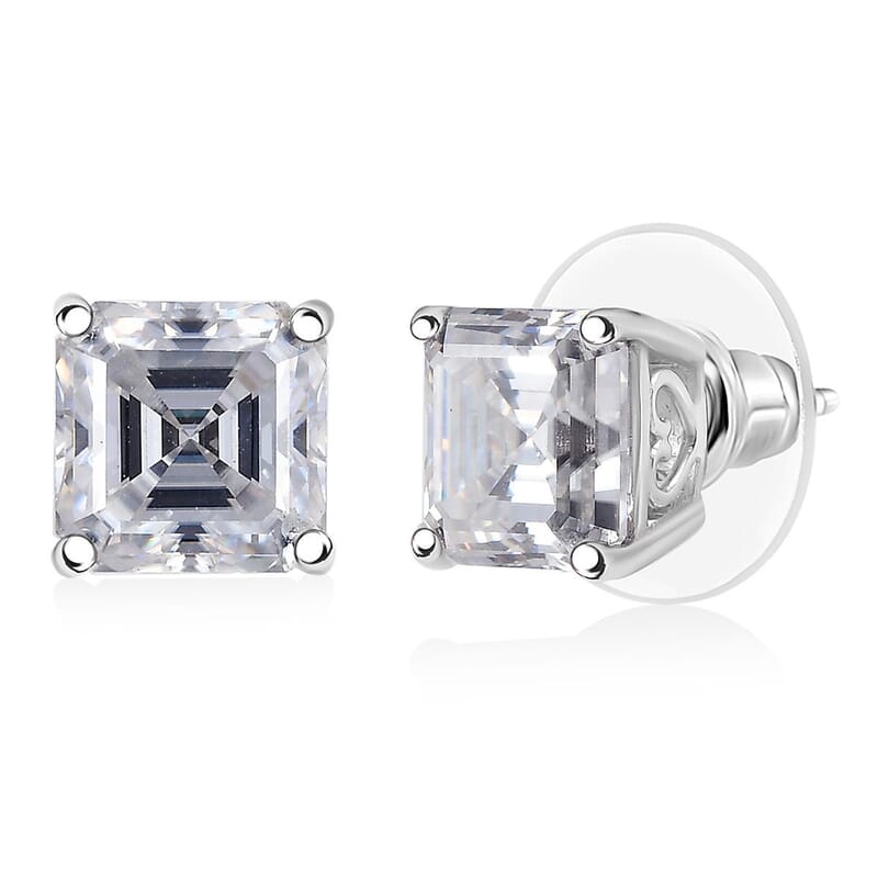 D'Joy Asscher Cut Moissanite 5.50 ctw Stud Earrings in Rhodium Over Sterling Silver 