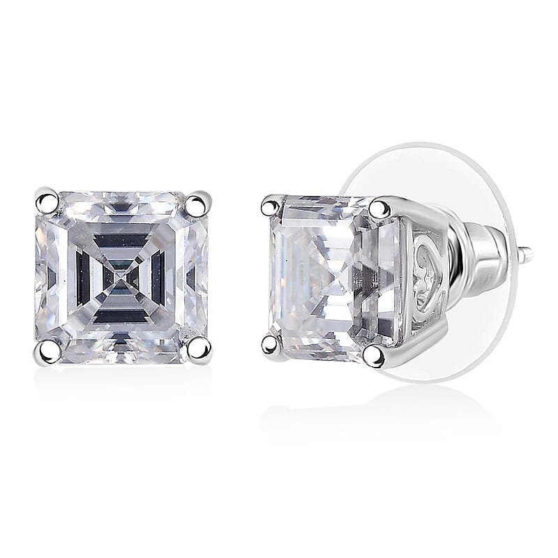  D'Joy Asscher Cut Moissanite 5.50 ctw Stud Earrings in Rhodium Over Sterling Silver 