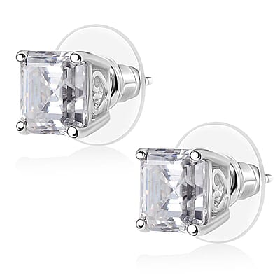  D'Joy Asscher Cut Moissanite 5.50 ctw Stud Earrings in Rhodium Over Sterling Silver 