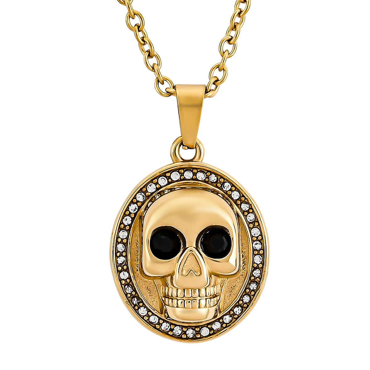 Simulated White and Black Diamond Skull Pendant Necklace (20-22 Inches) in ION Plated YG Stainless Steel