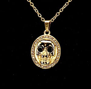 Simulated White and Black Diamond Skull Pendant Necklace (20-22 Inches) in ION Plated YG Stainless Steel