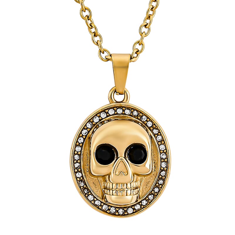 Simulated White and Black Diamond Skull Pendant Necklace (20-22 Inches) in ION Plated YG Stainless Steel