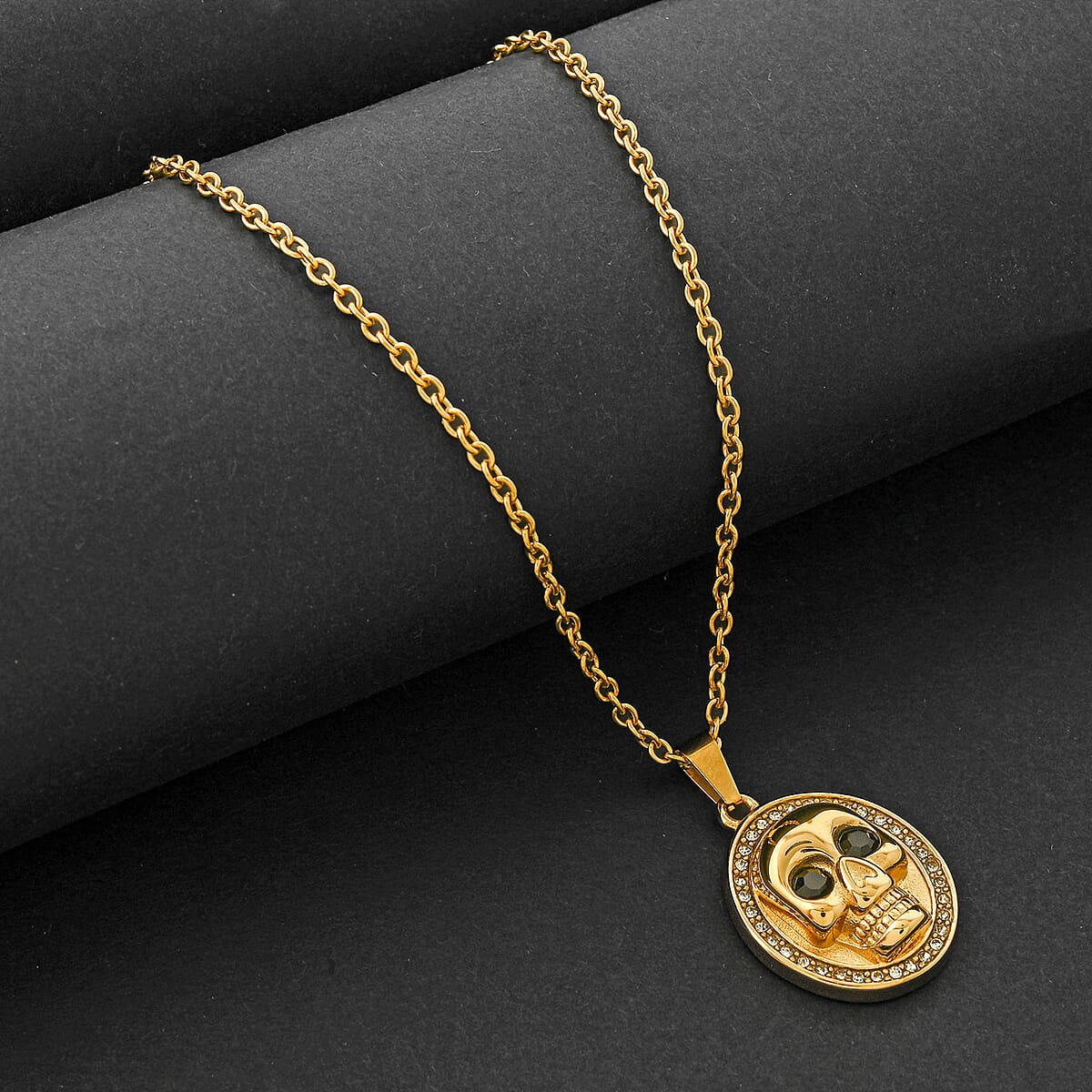 Simulated White and Black Diamond Skull Pendant Necklace (20-22 Inches) in ION Plated YG Stainless Steel image number 1