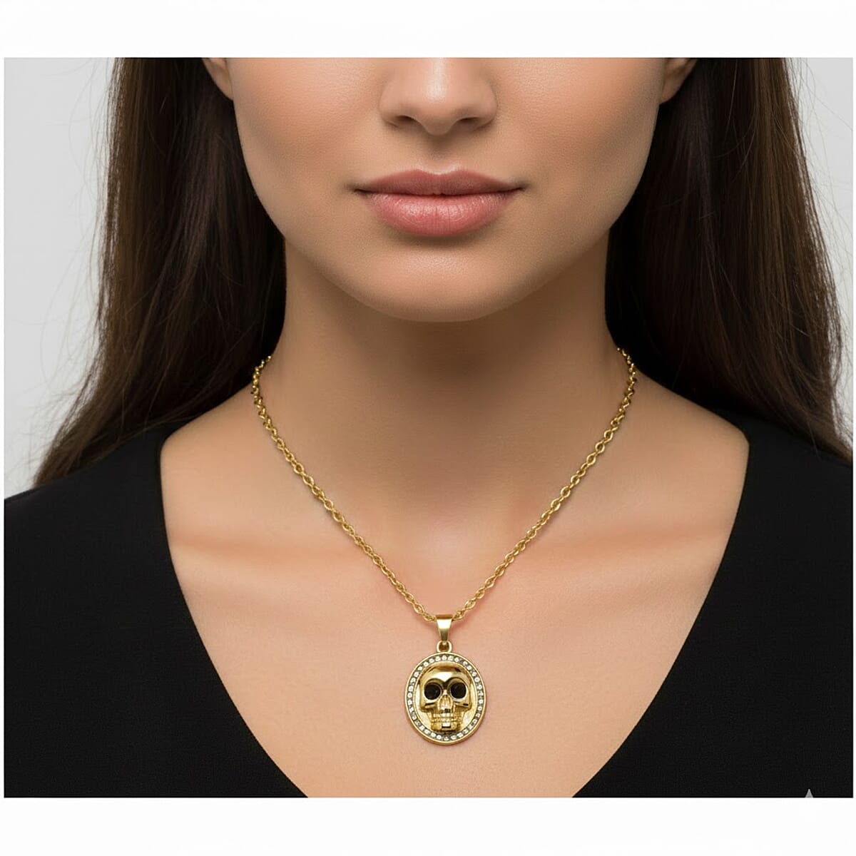 Simulated White and Black Diamond Skull Pendant Necklace (20-22 Inches) in ION Plated YG Stainless Steel image number 2