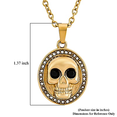 Simulated White and Black Diamond Skull Pendant Necklace (20-22 Inches) in ION Plated YG Stainless Steel