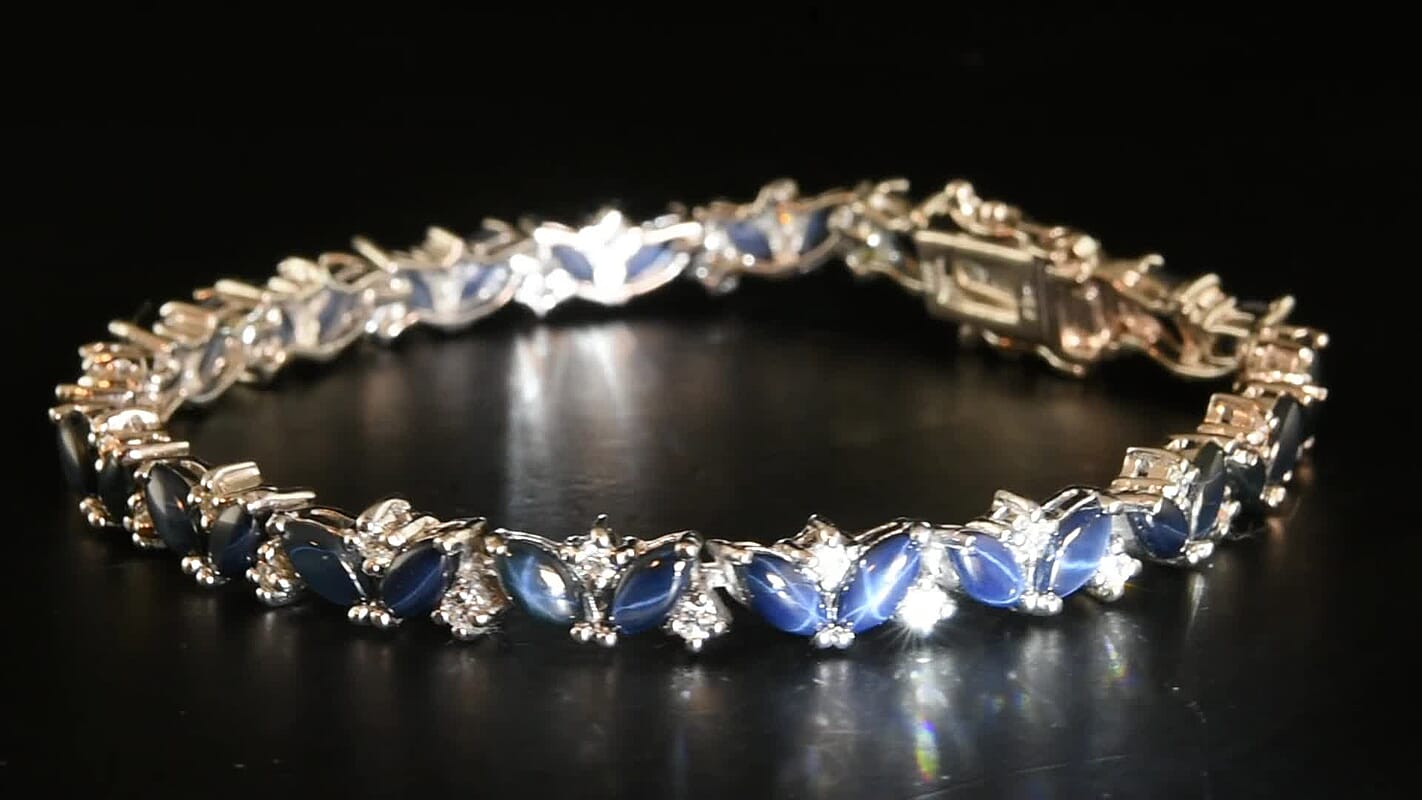 D'Joy Premium Blue Star Sapphire (DF), Moissanite Bracelet in Rhodium Over Sterling Silver (6.50 In) 12.60 ctw