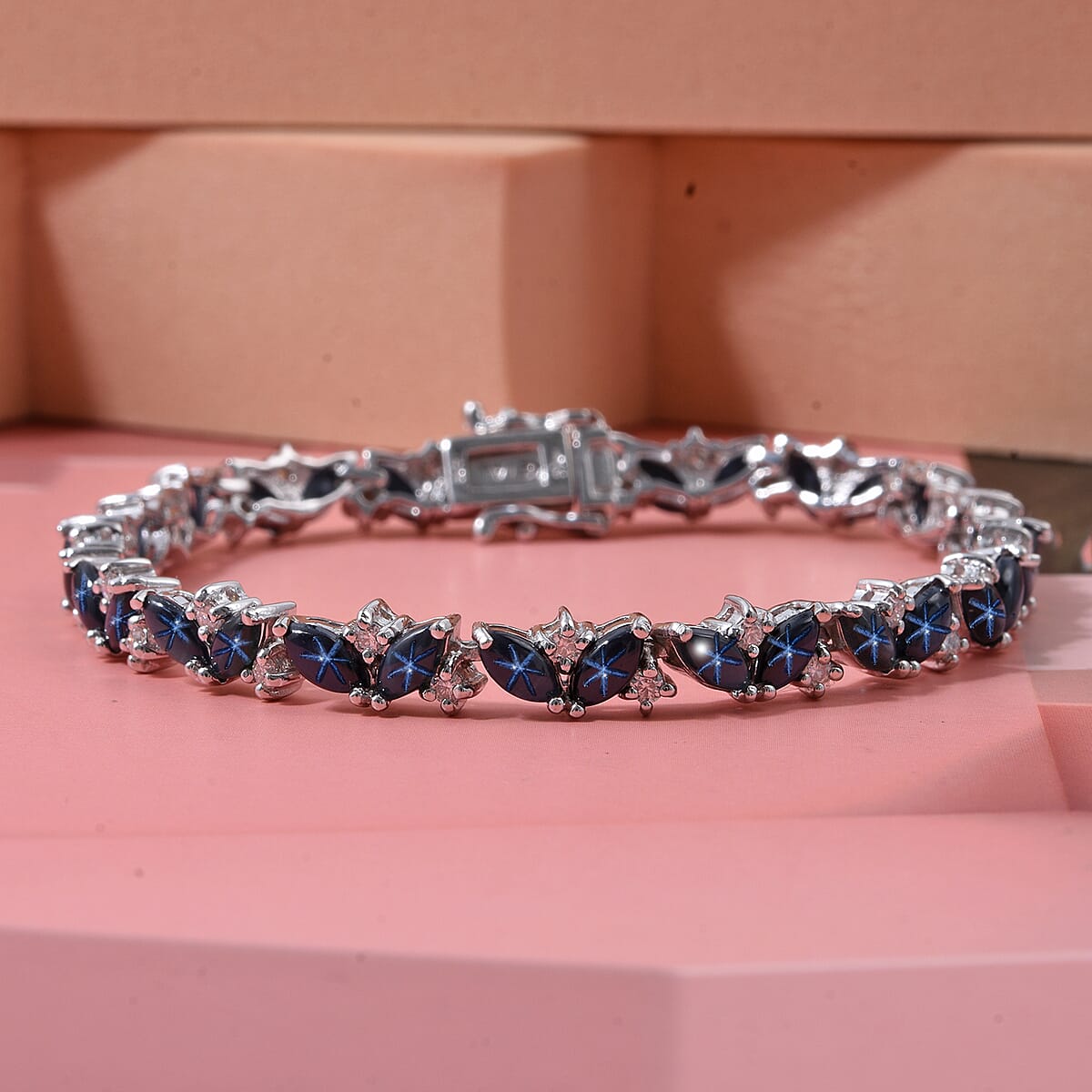 D'Joy Premium Blue Star Sapphire (DF) and Moissanite 12.60 ctw Celestial Lineage Bracelet in Rhodium Over Sterling Silver (6.50 In) image number 1