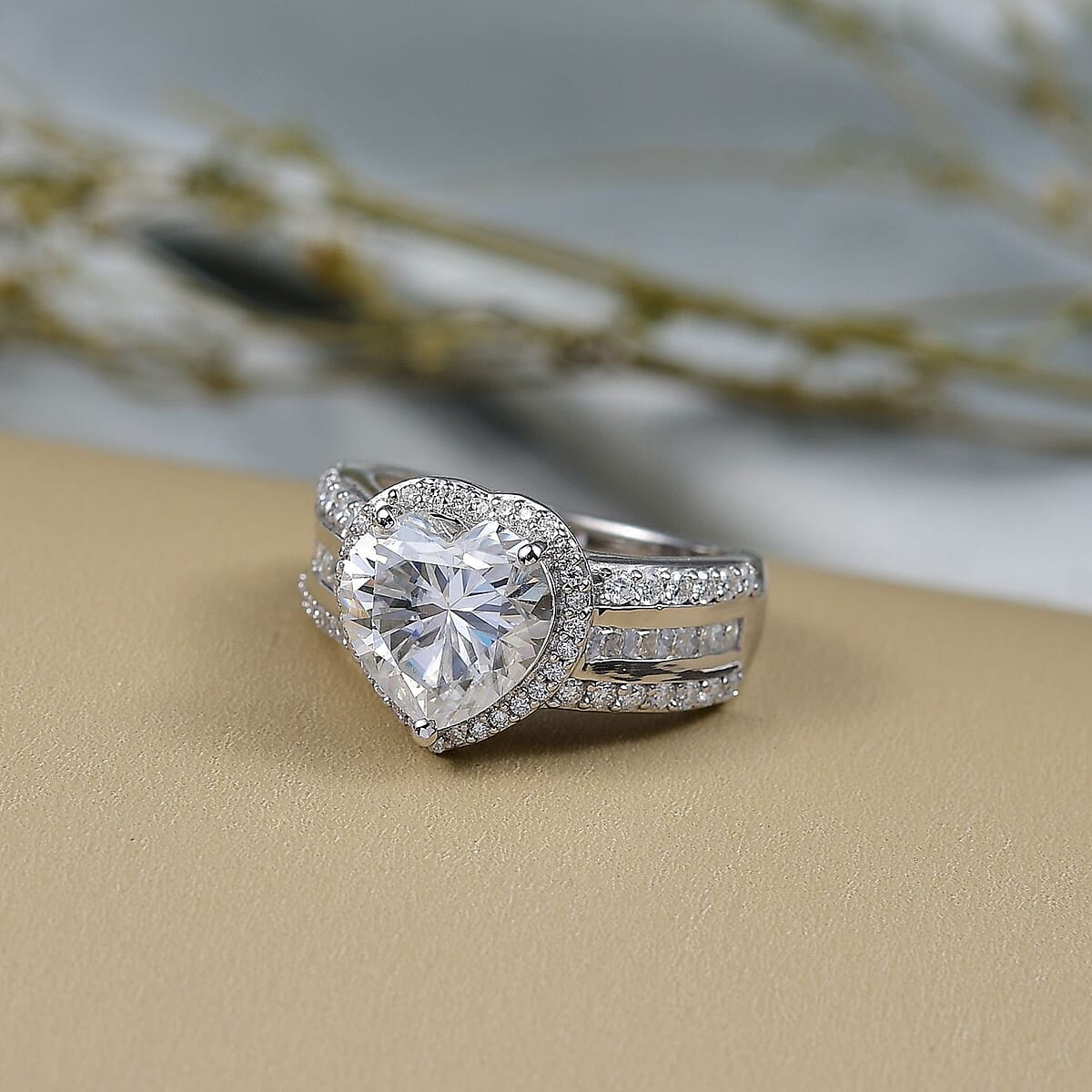 D'Joy Moissanite (Hrt 10mm) Ring in Rhodium Over Sterling Silver (Size 10.0) 4.60 ctw image number 1